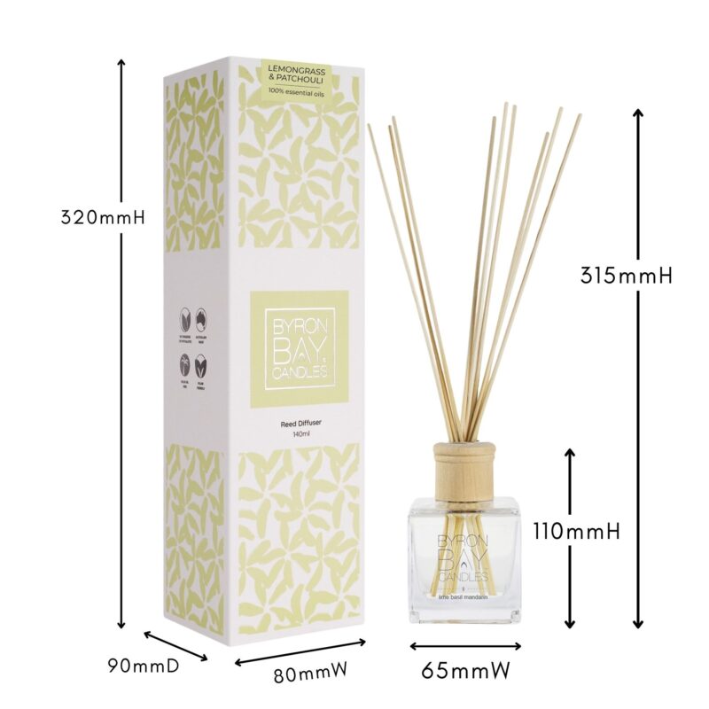 Lemongrass & Patchouli reed diffuser with measurements